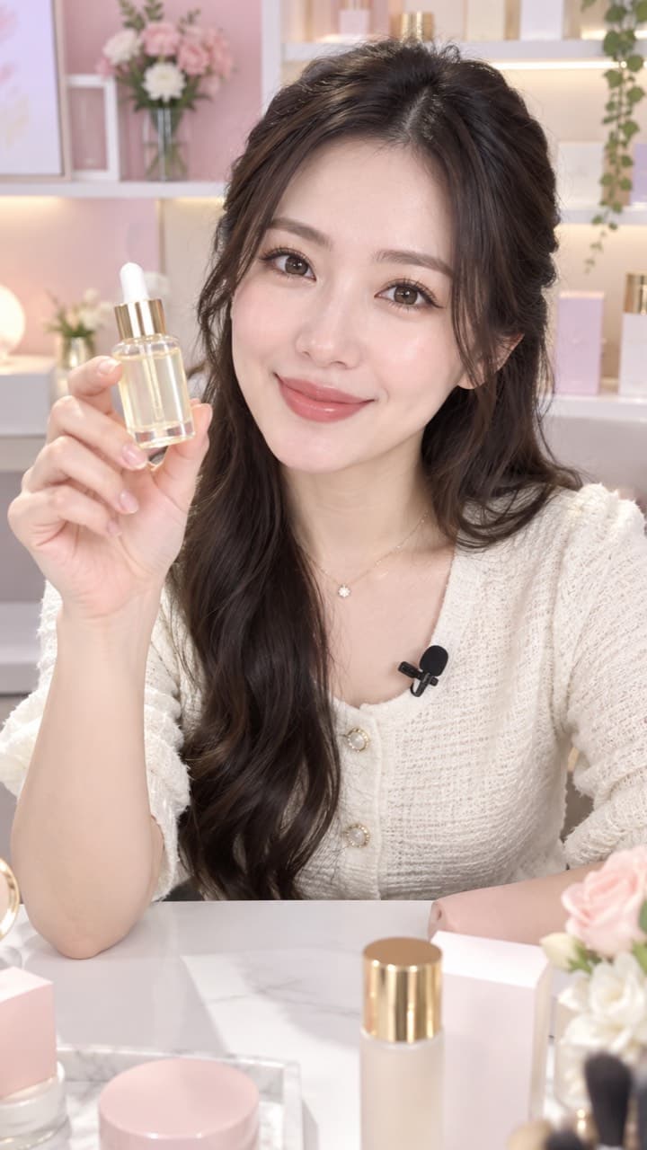 라이브 커머스 진행 예시 — 뷰티 스튜디오에서 진행자가 스킨케어 제품을 소개하는 모습