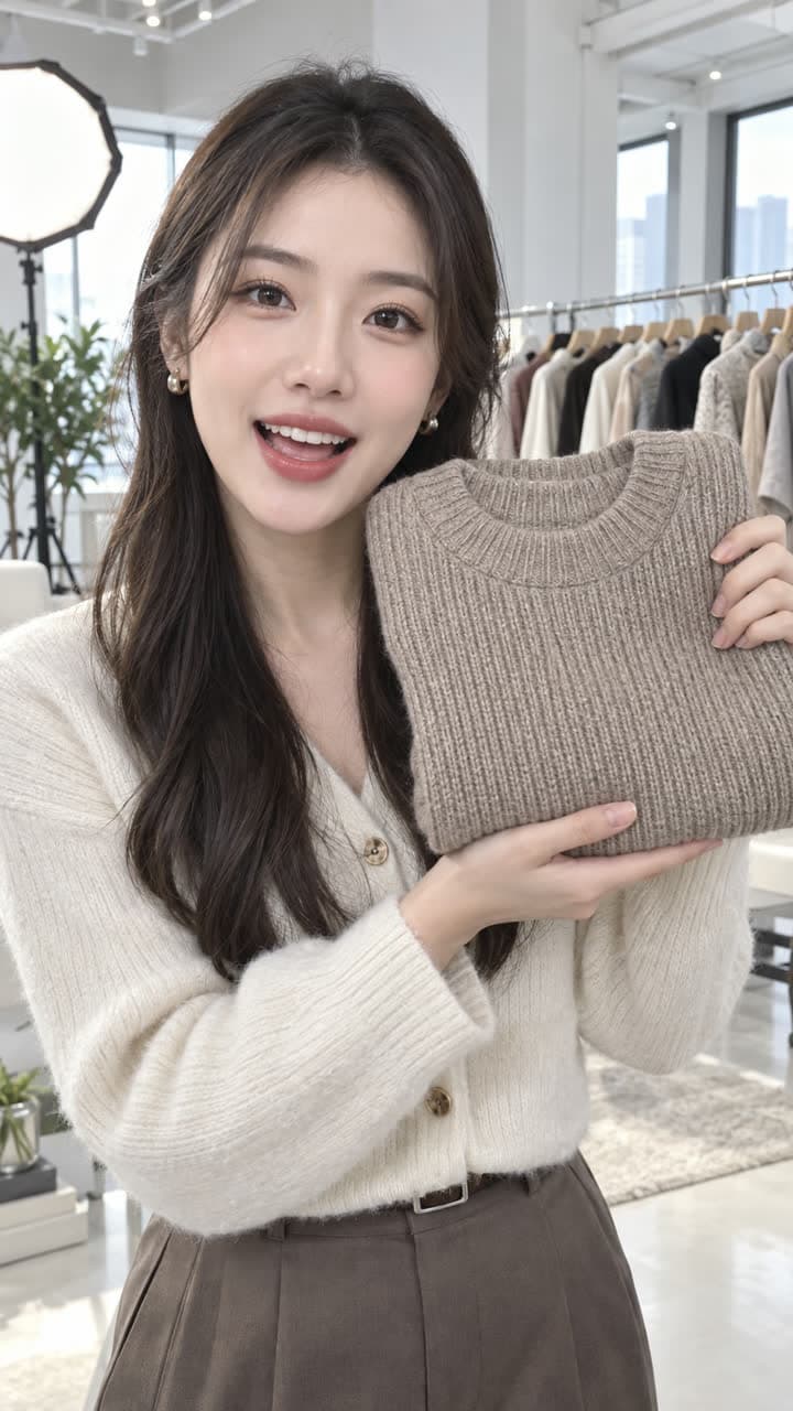 라이브 커머스 진행 예시 — 쇼룸에서 진행자가 니트를 들어 보이며 소개하는 모습
