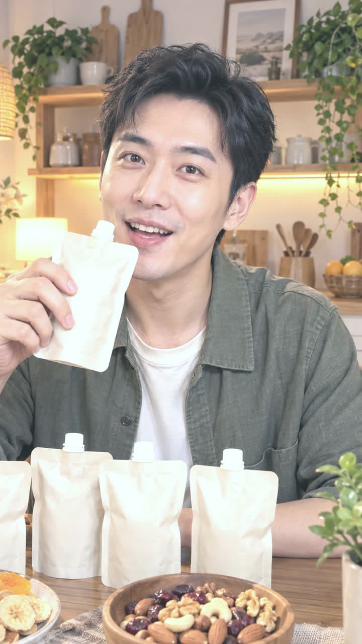 라이브 커머스 진행 예시 — 진행자가 음료 제품을 시음하며 소개하는 모습